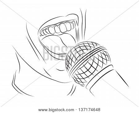 Singing into a microphone line art illustration