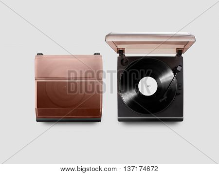 Gramophone vinyl player mockup opened and closed, top view, isolated. Talking machine play blank sound plate mock up. Retro phonograph design from above. Spinning vinyl template audio disc