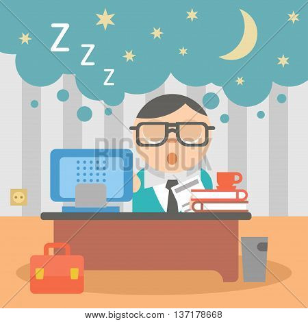 Vector illustration sleeping businessman workaholic at work