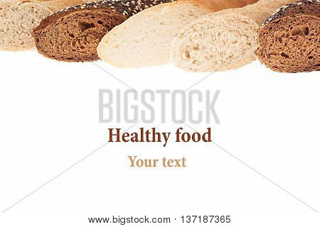 Cut baguette bread of different varieties on a white background. Isolated. Decorative frame of bread. Macro. Texture. Food background.