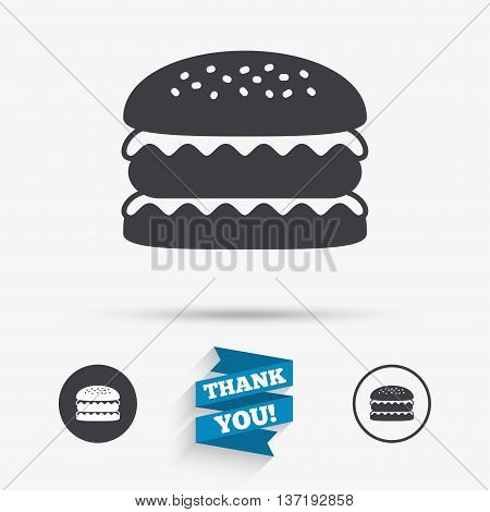 Hamburger icon. Burger food symbol. Cheeseburger sandwich sign. Flat icons. Buttons with icons. Thank you ribbon. Vector