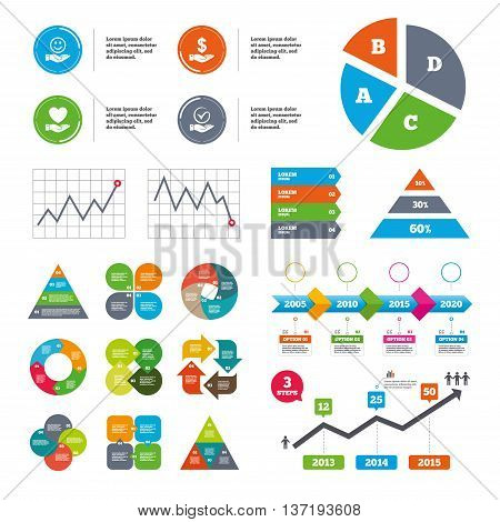 Data pie chart and graphs. Smile and hand icon. Heart and Tick or Check symbol. Palm holds Dollar currency sign. Presentations diagrams. Vector