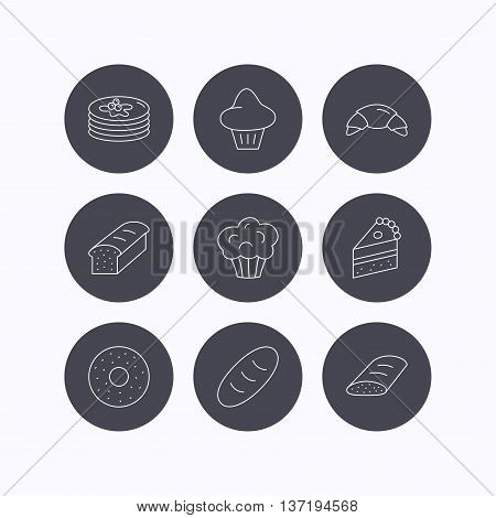 Croissant, cake and bread icons. Muffin, brioche and sweet donut linear signs. Pancakes with syrup flat line icons. Flat icons in circle buttons on white background. Vector