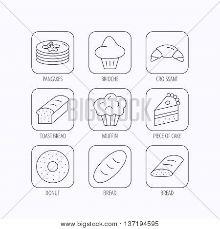 Croissant, cake and bread icons. Muffin, brioche and sweet donut linear signs. Pancakes with syrup flat line icons. Flat linear icons in squares on white background. Vector