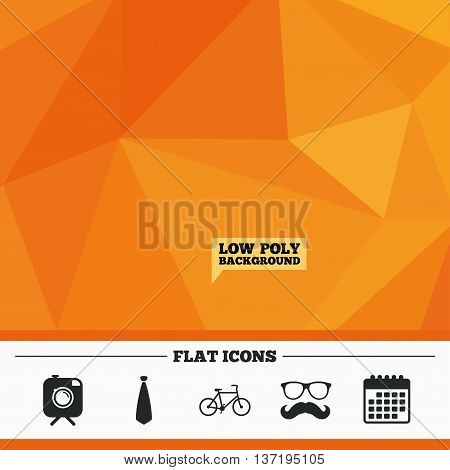 Triangular low poly orange background. Hipster photo camera with mustache icon. Glasses and tie symbols. Bicycle family vehicle sign. Calendar flat icon. Vector