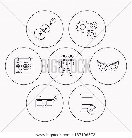 Guitar music, video camera and theatre mask icons. 3d glasses linear sign. Check file, calendar and cogwheel icons. Vector