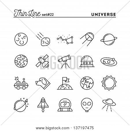 Universe celestial bodies rocket launching astronomy and more thin line icons set vector illustration
