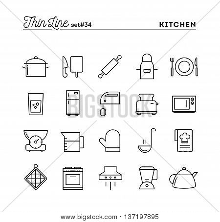 Kitchen utensils food preparation and more thin line icons set vector illustration