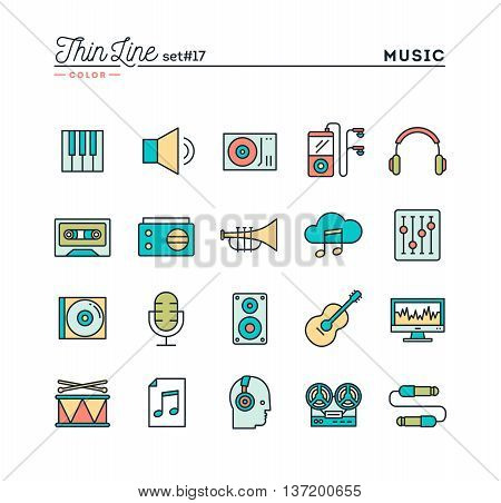 Music sound recording editing and more thin line color icons set vector illustration
