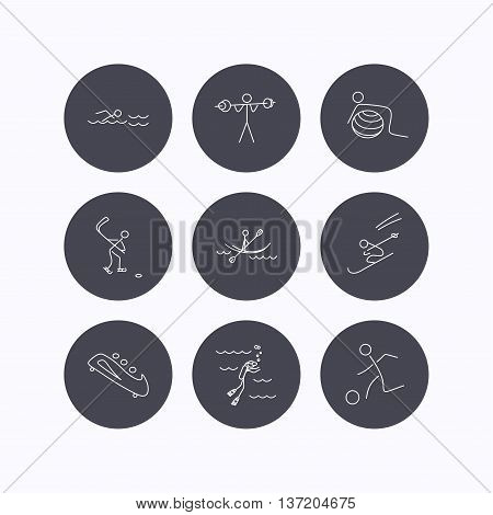 Swimming, football and skiing icons. Ice hockey, diving and gymnastics linear signs. Kayaking, weightlifting and bobsleigh icons. Flat icons in circle buttons on white background. Vector