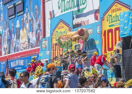 NEW YORK, JULY 4, 2016 - Nathan's hot dog eating contest  and 100th birthday of Nathan's Famous restaurant at the corner of Surf and Stillwell avenues, Coney Island