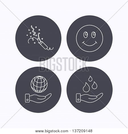 Save water, save planet and slapstick icons. Smiling face linear sign. Flat icons in circle buttons on white background. Vector