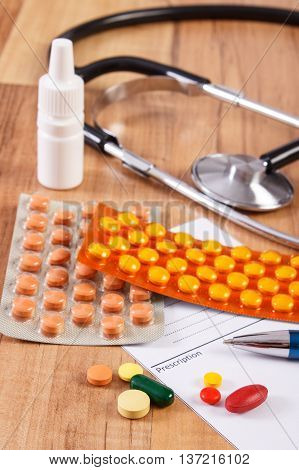 Medical Pills, Tablets Or Supplements With Prescription And Stethoscope, Health Care Concept