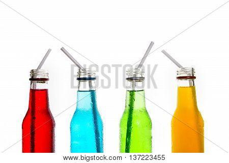 close up the cool colorful drink bottles glass
