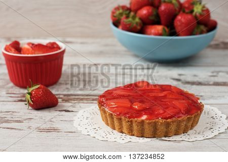 Chocolate Tart, Tartalette With White Chocolate And Mascarpone Cream, Fresh Strawberries On Top. Lar