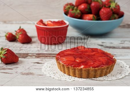 Chocolate Tart, Tartalette With White Chocolate And Mascarpone Cream, Fresh Strawberries On Top. Lar