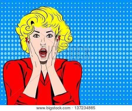 Vector woman shocked face with open mouth and speech bubble for message in pop art comics style. Retro amazed woman face.