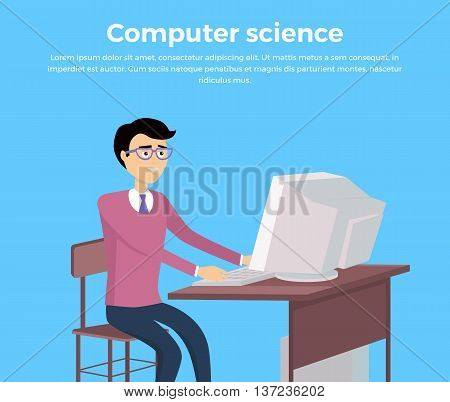 Computer science concept vector flat design banner. Programming learning and training. Scientific analysis of the computer data. Man working while sitting at computer monitor illustration.