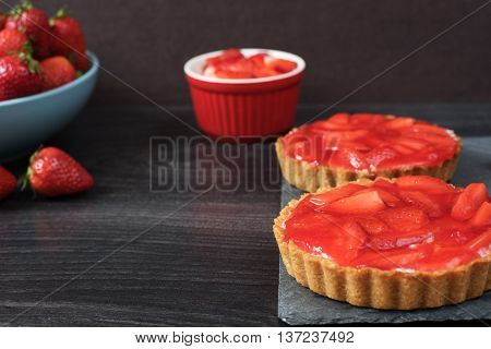 Chocolate Tart, Tartalette With White Chocolate And Mascarpone Cream, Fresh Strawberries On Top. Lar