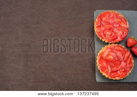 Chocolate Tart, Tartalette With White Chocolate And Mascarpone Cream, Fresh Strawberries On Top. Bla