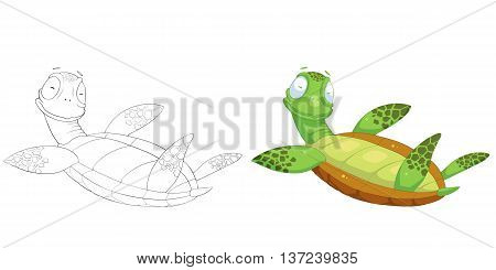 Happy Green Turtle. Coloring Book, Outline Sketch, Animal Mascot, Game Character Design isolated on White Background
