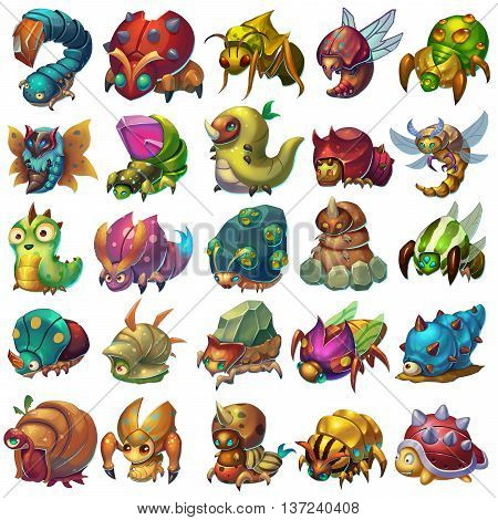 Insect Worm and Bug Creature Set. Monster Mascot Character Design isolated on White Background