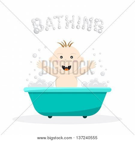 Baby bathing in a small bath with bath foam and soap bubbles. A joyful baby takes a bath body hygiene of the infant. Game baby in the bath water.