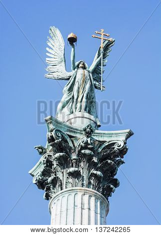 Millennium monument in Heroes square Budapest Hungary. Architectural element. Cultural heritage. Vertical composition.