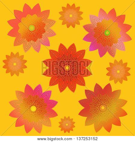 Abstract geometric floral retro background. Scattered blossoms in pink, yellow, orange, red and violet shades on yellow, conspicuous and vividly.