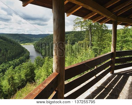 view of the dam Brezova to the valley Tepelske udoli from a wooden hut on the hill in Karlovarsky kraj region in Czech republic