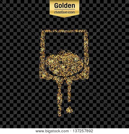Gold glitter vector icon of iv drip isolated on background. Art creative concept illustration for web, glow light confetti, bright sequins, sparkle tinsel, abstract bling, shimmer dust, foil.