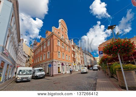 RIGA LATVIA - JULY 05 2016: The crossroad of Tirgonu and Kramu streets in the historic center of Riga Latvia. World Heritage Site of UNESCO