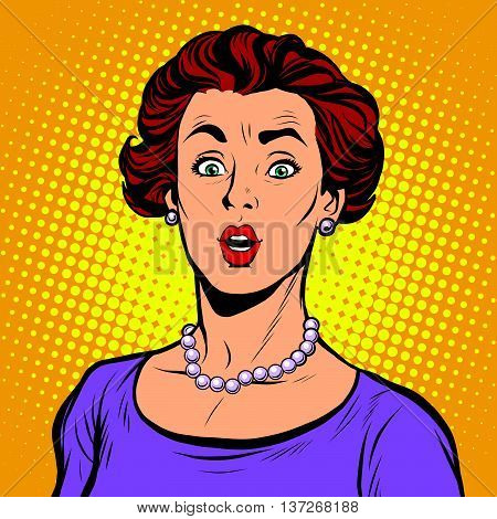Surprised woman with a pearl necklace pop art retro vector realistic hand drawing illustration. Beautiful elegant white lady, Caucasian, look at the camera, wide eyes