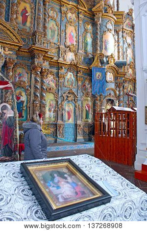 Kozelets town, Chernihiv region / Ukraine - 25 February 2015: beautiful iconostasis with ancient icons set in Spaso-Preobrazhenska church in Kozelets in Ukraine. 25 February 2015 in Kozelets town / Ukraine.