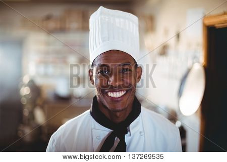 Portrait of smiling head chef standing in commercial kitchen