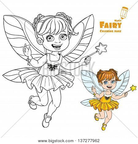 Cute little autumn fairy girl with a Magic wand color and outlined picture for coloring book on a white background