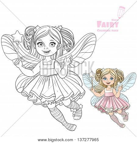 Cute little fairy girl with a Magic wand color and outlined picture for coloring book on a white background