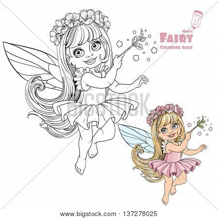 Little spring fairy girl with magic wand color and outlined picture for coloring book on white background