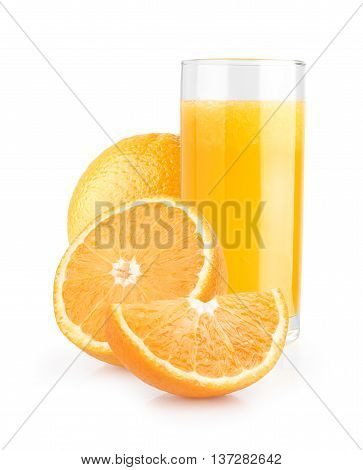 Isolated orange juice with slices of oranges on white background. 100 percent fresh and organic. Sweet juicy cocktail in glass. Natural antioxidant.