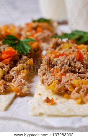Traditional Asian thin tortilla with minced meat and vegetables. Selective focus.