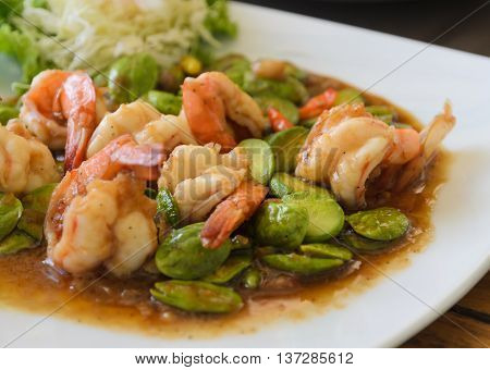 Shrimp stir-fried with stink beans and shrimp paste Thai cuisine