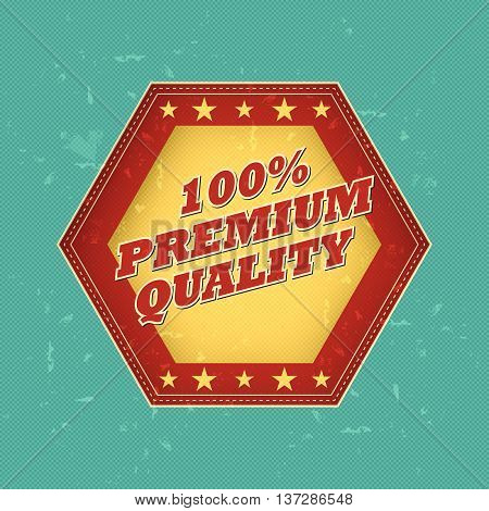 100 percentages premium quality - retro style hexagon label with text and stars, business concept, vector