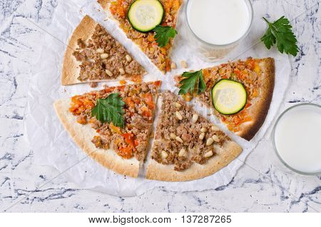 Traditional Asian thin tortilla with minced meat and vegetables. Selective focus.