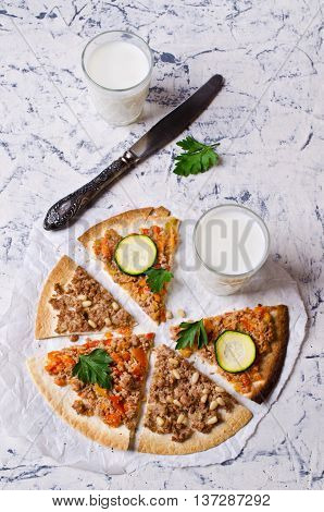 Traditional Asian thin tortilla with minced meat and vegetables. Selective focus.