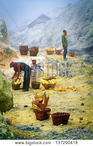 Workers Extracting Sulfur Inside Crater In Ijen Volcano,  Indone