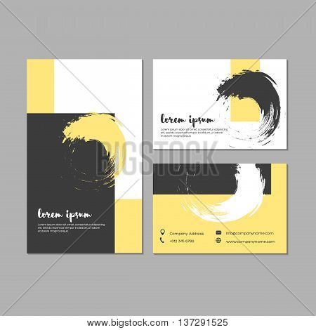 Set of grunge business cards with geometric shapes and hand drawn textures. Template for brochures posters flyers placards and banners. Yellow black and white colors. Vector illustration.