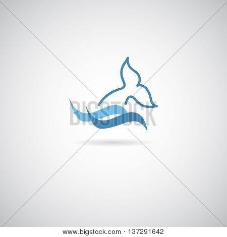 Dolphin whale fin and water splash flat icon logo in blue color. Vector illustration.