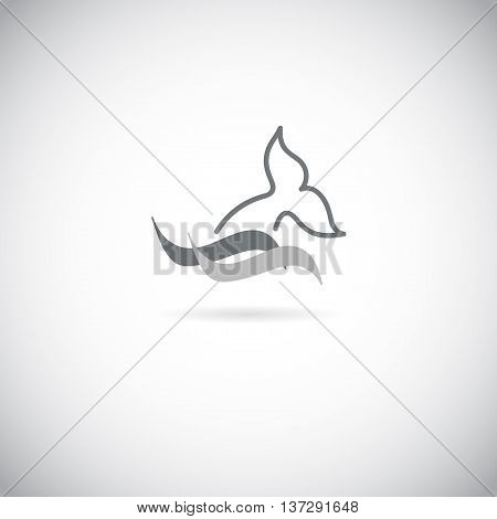 Dolphin whale fin and water splash flat icon logo in grey color. Vector illustration.