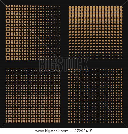 Set of abstract halftone backgrounds. Brown color dots on black background. Vector illustration.