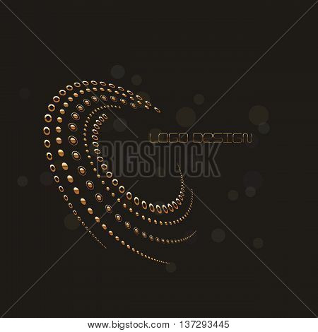 Abstract circular halftone dots form in gold black color background. Logo design. Vector illustration.
